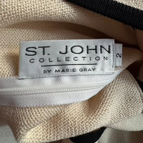 St John Collection Santana Knit Sleeveless Cream with Blk Trim Dress Sz 2 #05